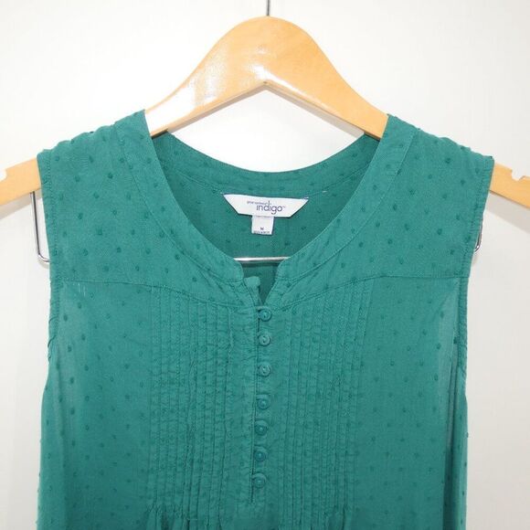 Great Northwest Indigo Green Sleeveless Pintuck Blouse M | Dobby Dot Boho Top - Picture 2 of 7